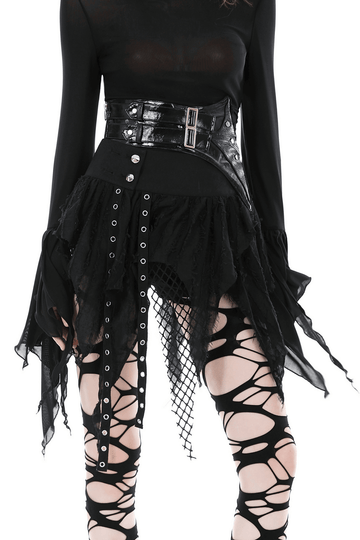 Punk Gothic Mini Skirt featuring Fishnet and Fringe Details
